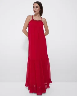 New Cuplé Vestido Largo Bolas Gasa Rojo