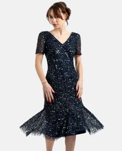 Clearance Cuplé Vestido Midi Volante Lentejuelas Marino